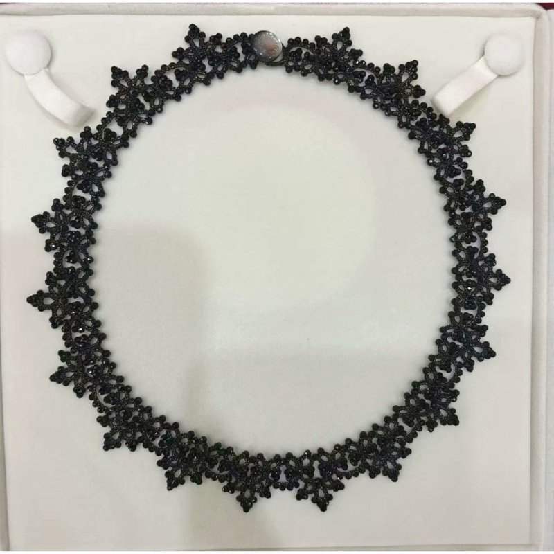 Hand-Tatted Black Spinel Lace Necklace & Bracelet Set Sparkling Statement Jewelry for Women