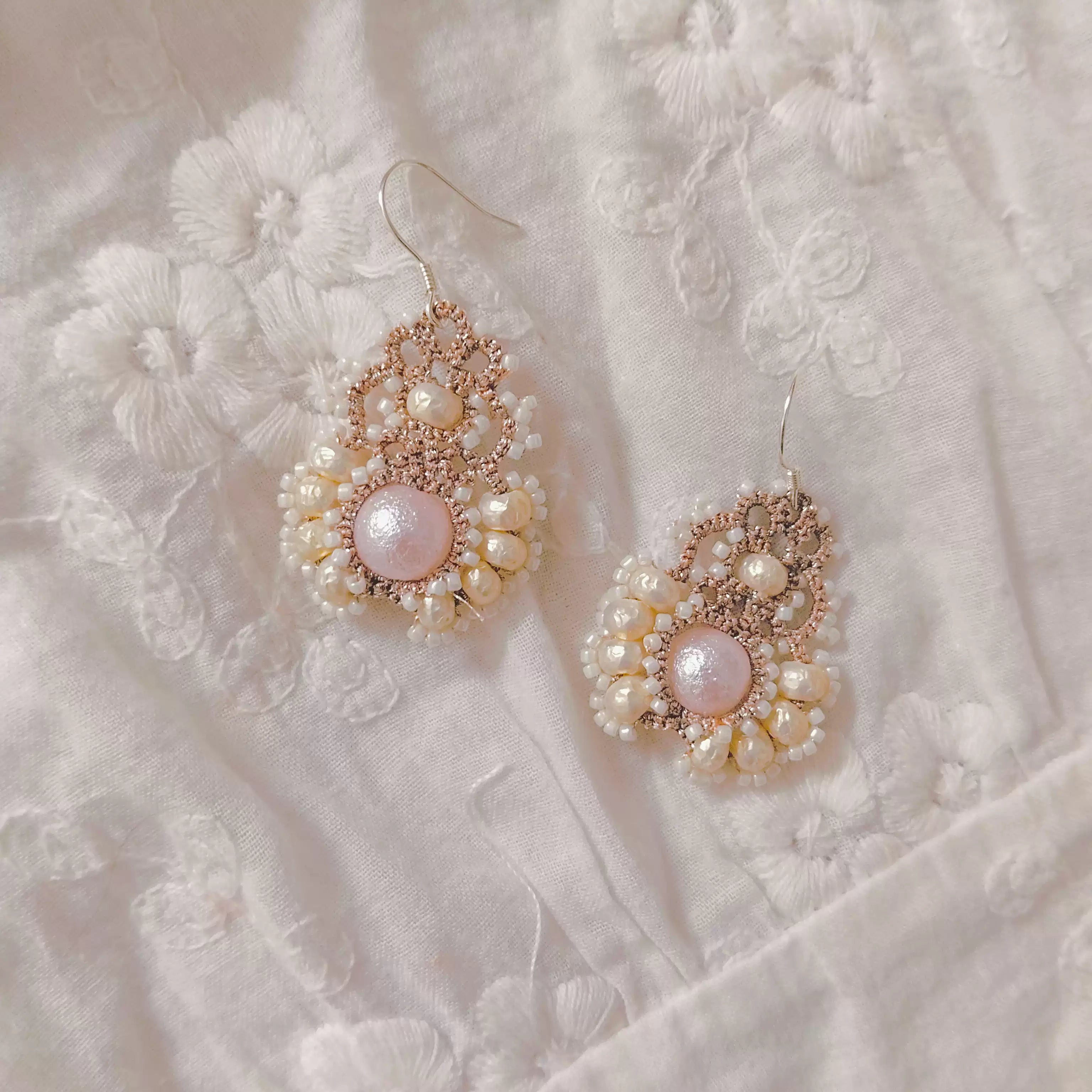 Handmade Lace Tatting Vintage Pearl Beaded Elegant Earrings