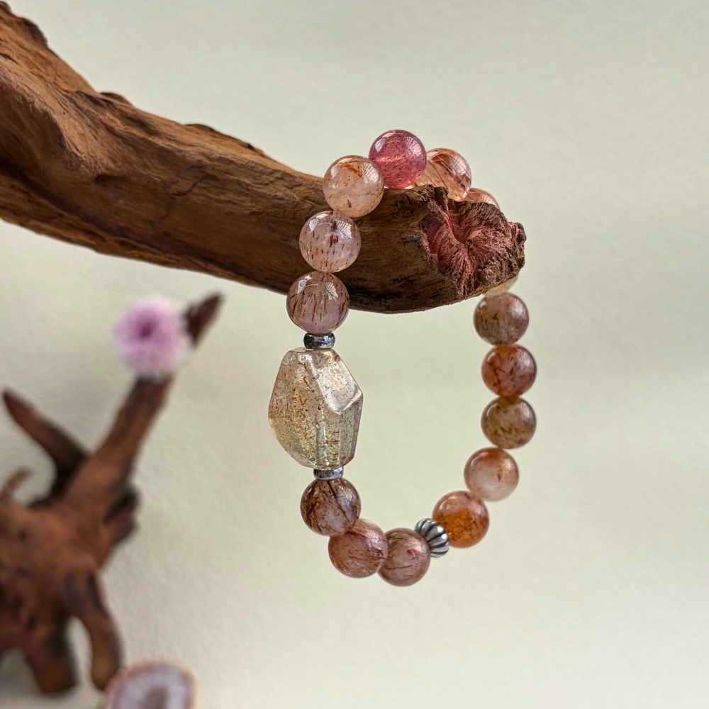 Golden Rutilated Quartz Silver Abundance Confidence Energy Crystal Bracelet