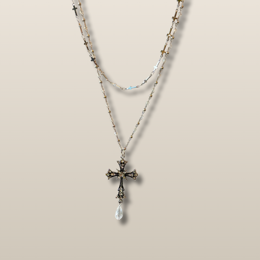 Layered Metal Cross Pendant Vintage Style Necklace