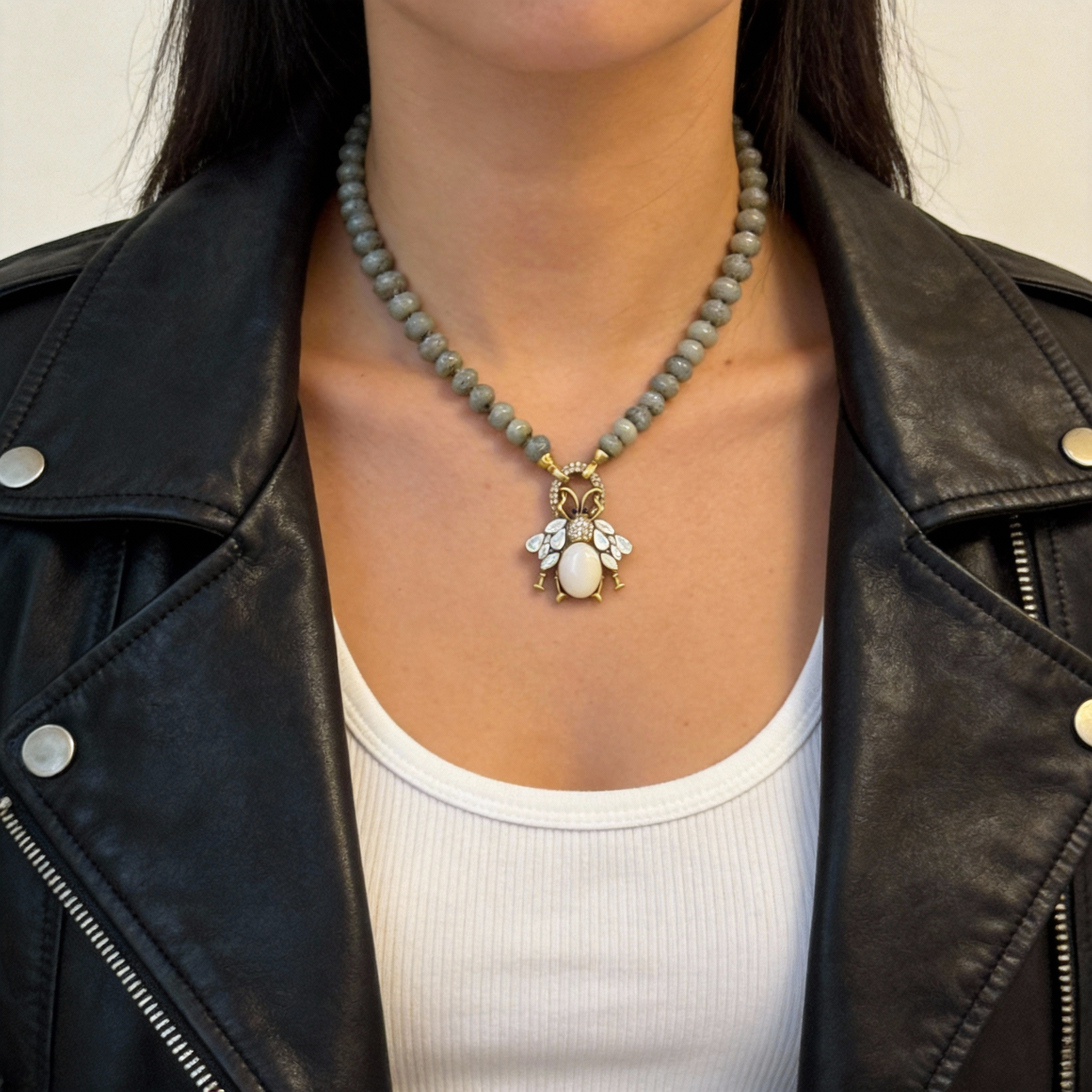 Faceted Grey Bead Strand Vintage Crystal Insect Pendant Necklace