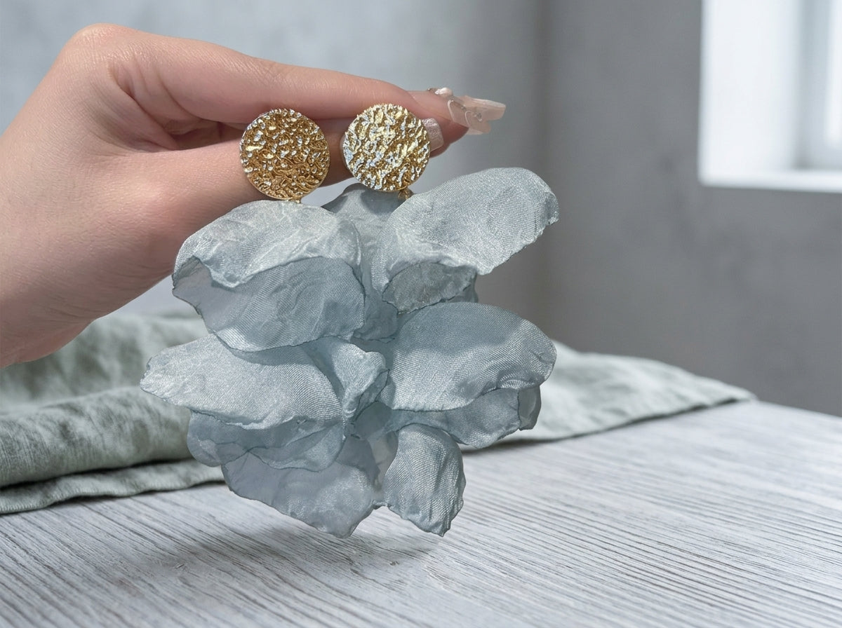 Handmade Chiffon Flower Petal Earrings, Long Floral Dangle Earrings, 925 Silver Post, Elegant Beach Vacation Jewelry Gift for Her