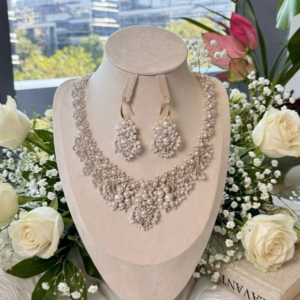 Handcrafted Tatting Lace Pearl Jewelry Set – Bridal Statement Necklace & Dangle Earrings