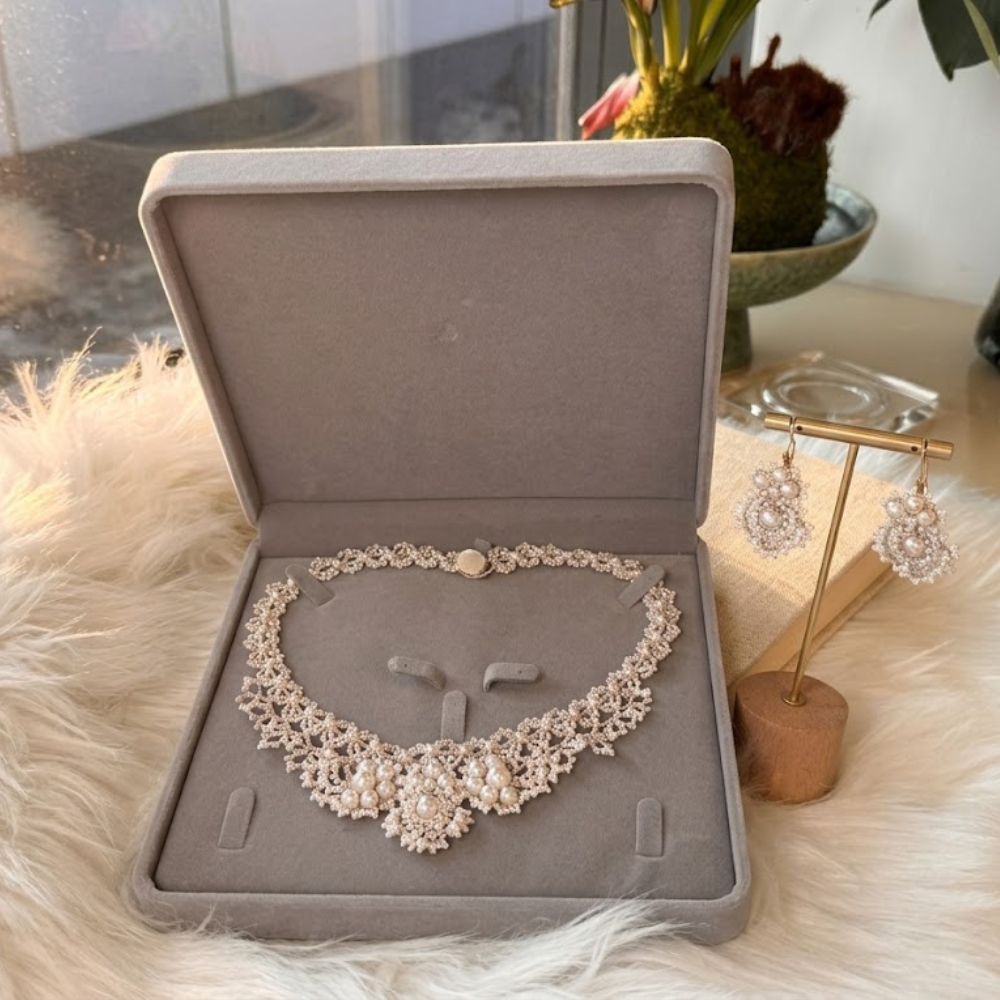 Handcrafted Tatting Lace Pearl Jewelry Set – Bridal Statement Necklace & Dangle Earrings