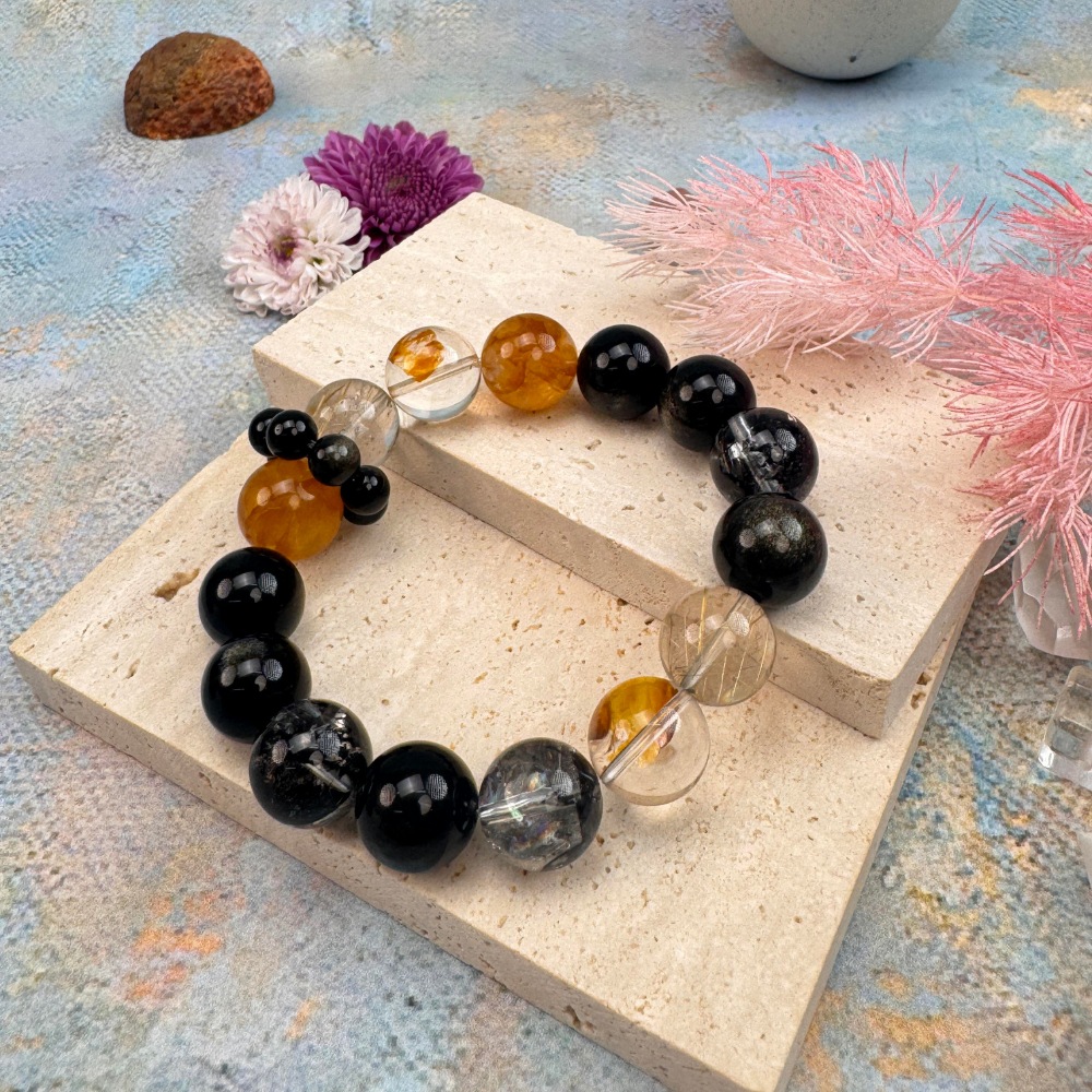 Obsidian Golden Rutilated Quartz Wealth Protection Bracelet