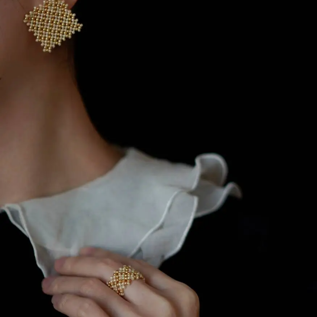 Handwoven Champagne Gold Beaded Lace Pearl Bracelet / Necklace / Ring