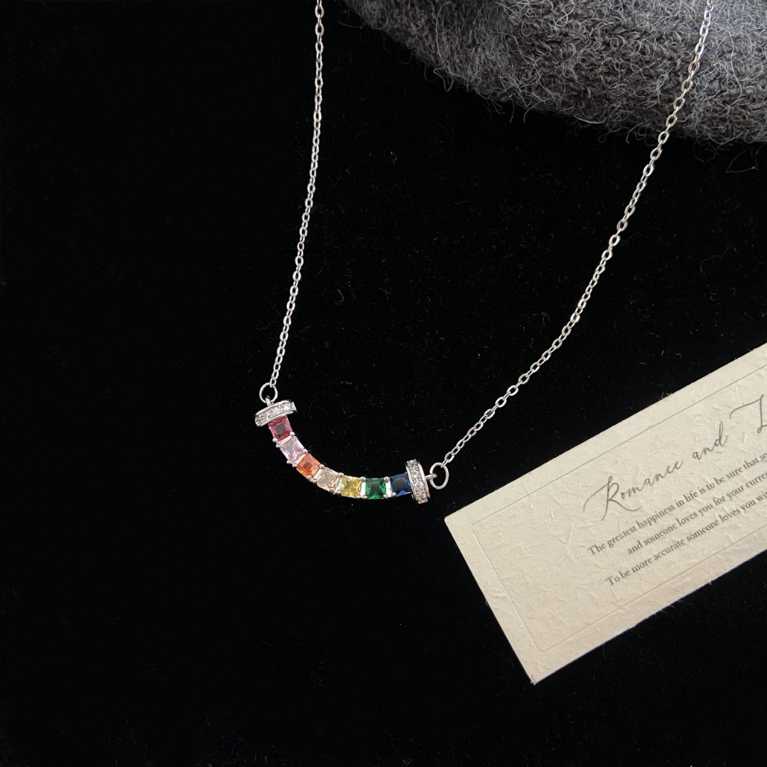 Rainbow Baguette Curve Lab-Grown Diamond Sterling Silver Necklace