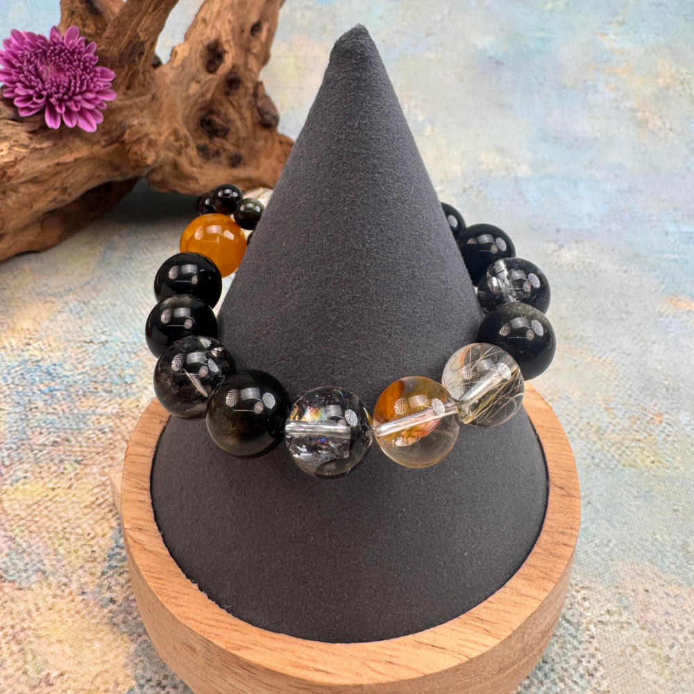 Obsidian Golden Rutilated Quartz Wealth Protection Bracelet