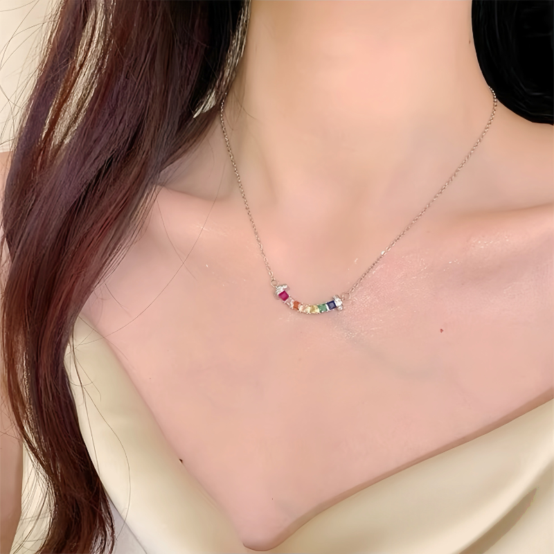 Rainbow Baguette Curve Lab-Grown Diamond Sterling Silver Necklace