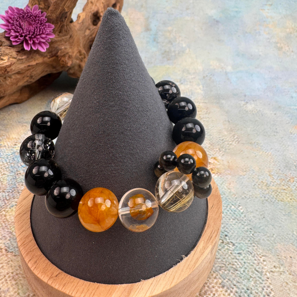 Obsidian Golden Rutilated Quartz Wealth Protection Bracelet