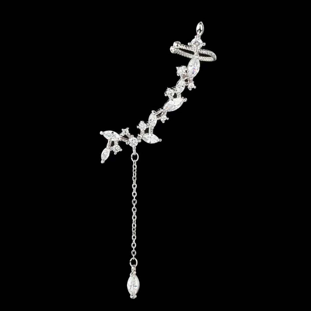 Asymmetrical Zircon Fringe Chain Clip Earrings