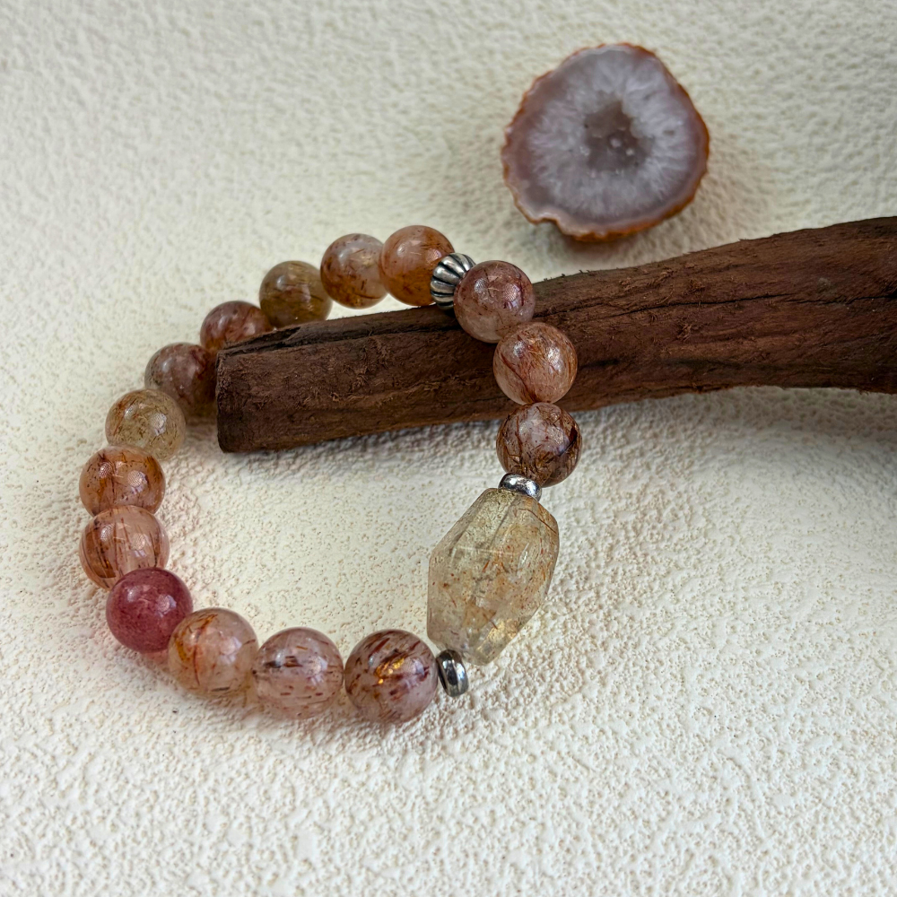 Golden Rutilated Quartz Silver Abundance Confidence Energy Crystal Bracelet
