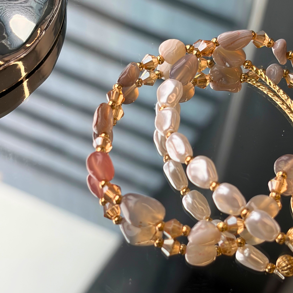 Pearl Agate Gold Beaded Wrap Design Handmade Bracelet