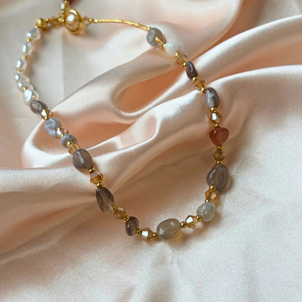 Pearl Agate Gold Beaded Wrap Design Handmade Bracelet