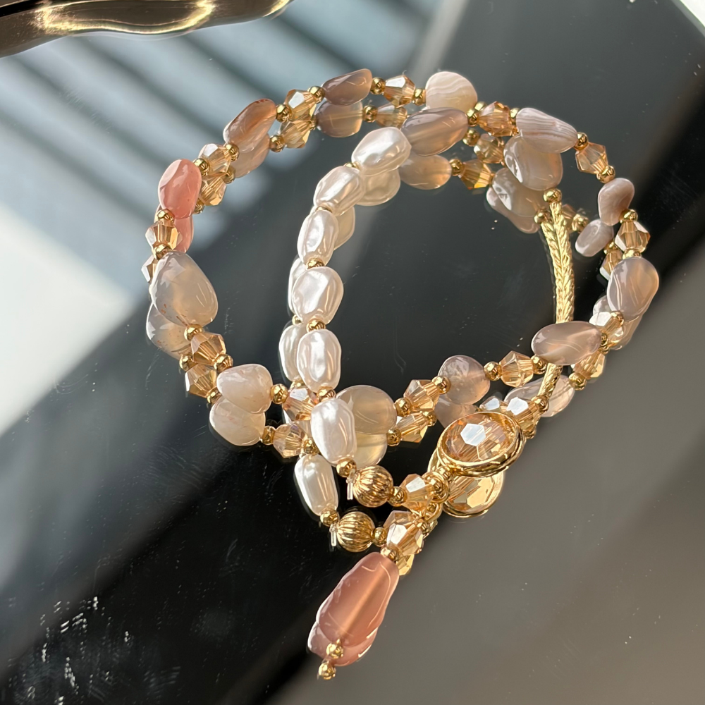 Pearl Agate Gold Beaded Wrap Design Handmade Bracelet