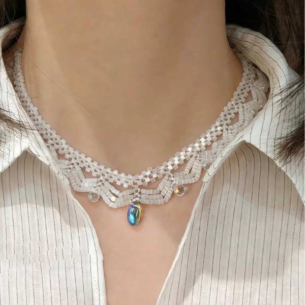 Handwoven White Opal Crystal Beaded Lace Necklace / Bracelet