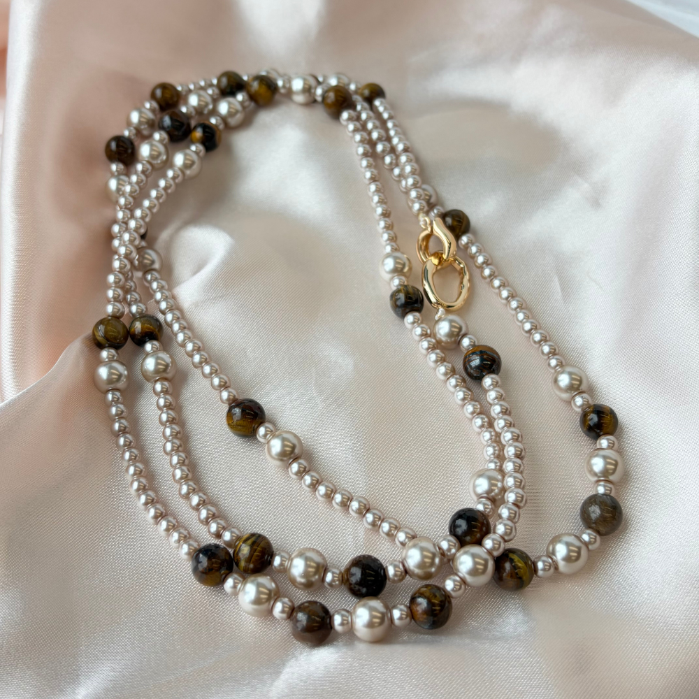 Pastel Beaded Layered Carved Pearl Accent Necklace