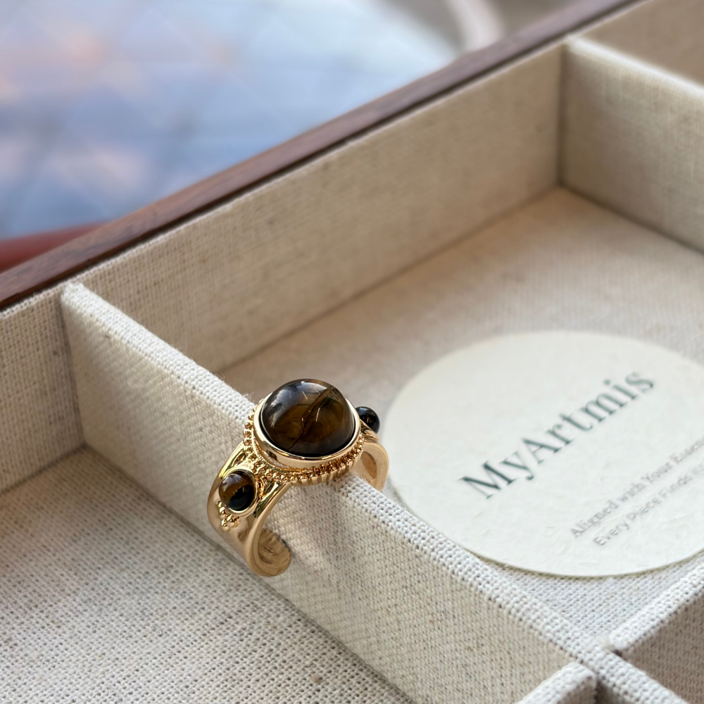 Tiger Eye Gold Vintage Dome Open Adjustable Statement Ring