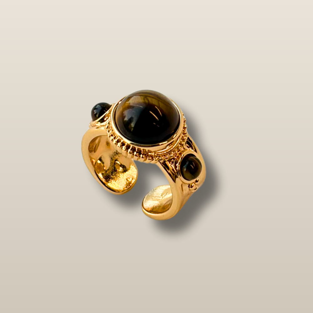Tiger Eye Gold Vintage Dome Open Adjustable Statement Ring