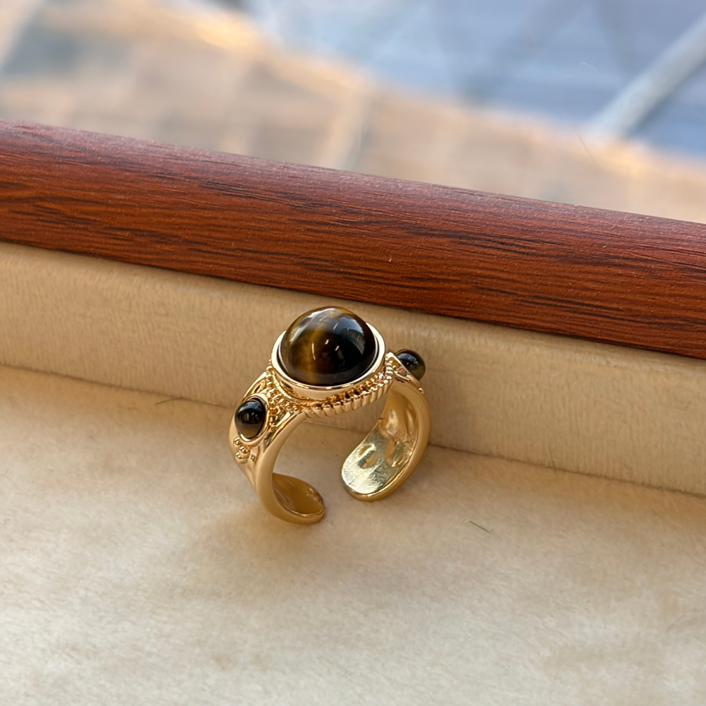 Tiger Eye Gold Vintage Dome Open Adjustable Statement Ring