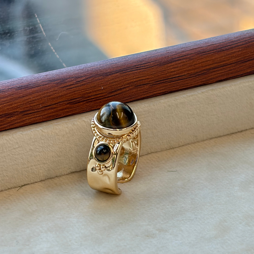 Tiger Eye Gold Vintage Dome Open Adjustable Statement Ring