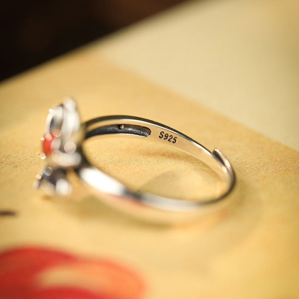 Red Agate Jade Turquoise Silver Protection Ring
