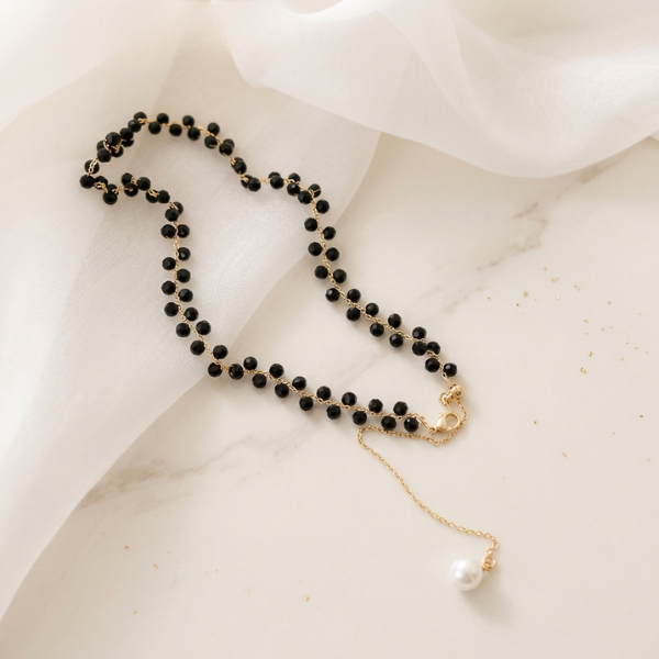 Black Obsidian Beaded Choker Minimalist Collarbone Necklace