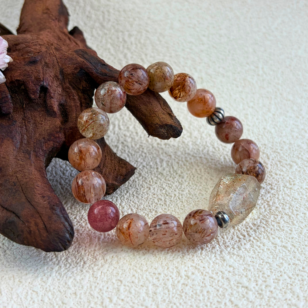 Golden Rutilated Quartz Silver Abundance Confidence Energy Crystal Bracelet