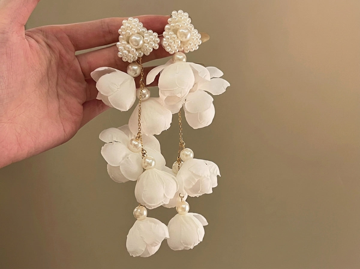 Handmade Fabric Flower Long Tassel Earrings, Pearl Cascade Bridal Wedding Dangle Earrings, Boho Statement Vacation Jewelry, Gift for Her