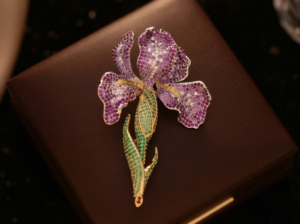 Luxurious French Gradient Purple Iris Flower Brooch Pin & Matching Bracelet Jewelry Gift for Womenv