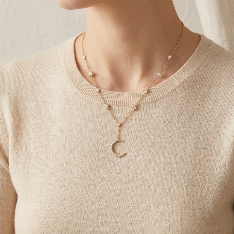 Crescent Moon Star Cubic Zirconia Gold Dainty Necklace