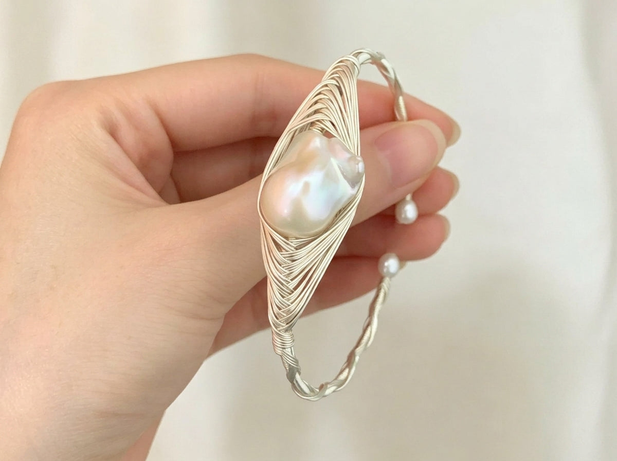 Handmade Wire Wrapped Pearl Bangle, Freshwater Baroque Pearl Silver Cuff Bracelet, Unique Bridal Gift for Her, Adjustable Jewelry