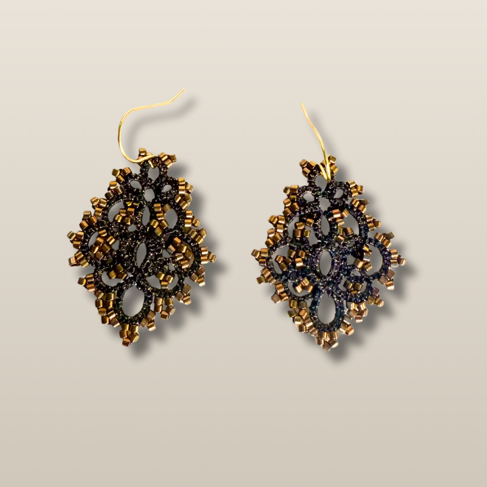 Handwoven Bronze Beaded Filigree Drop Earrings
