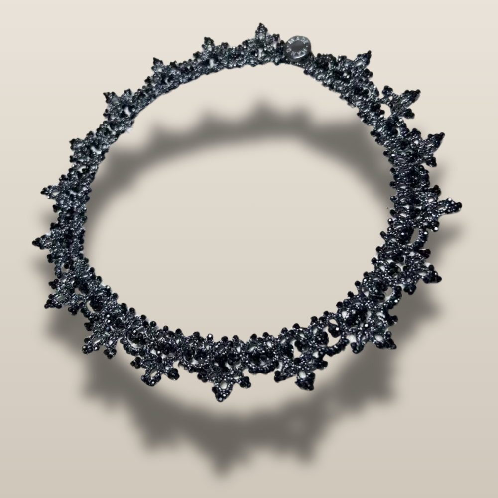 Handwoven Black Lace Beaded Statement Necklace