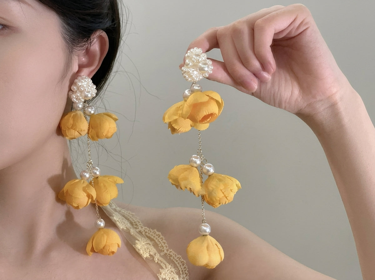 Handmade Fabric Flower Long Tassel Earrings, Pearl Cascade Bridal Wedding Dangle Earrings, Boho Statement Vacation Jewelry, Gift for Her