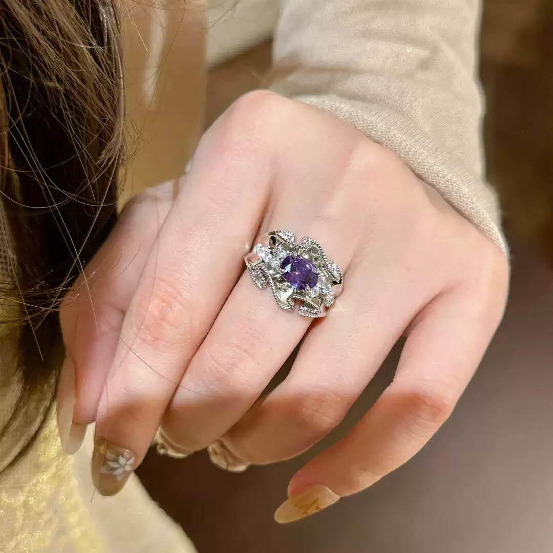 Baroque Crystal Gem Statement 925 Silverd Plated Ring