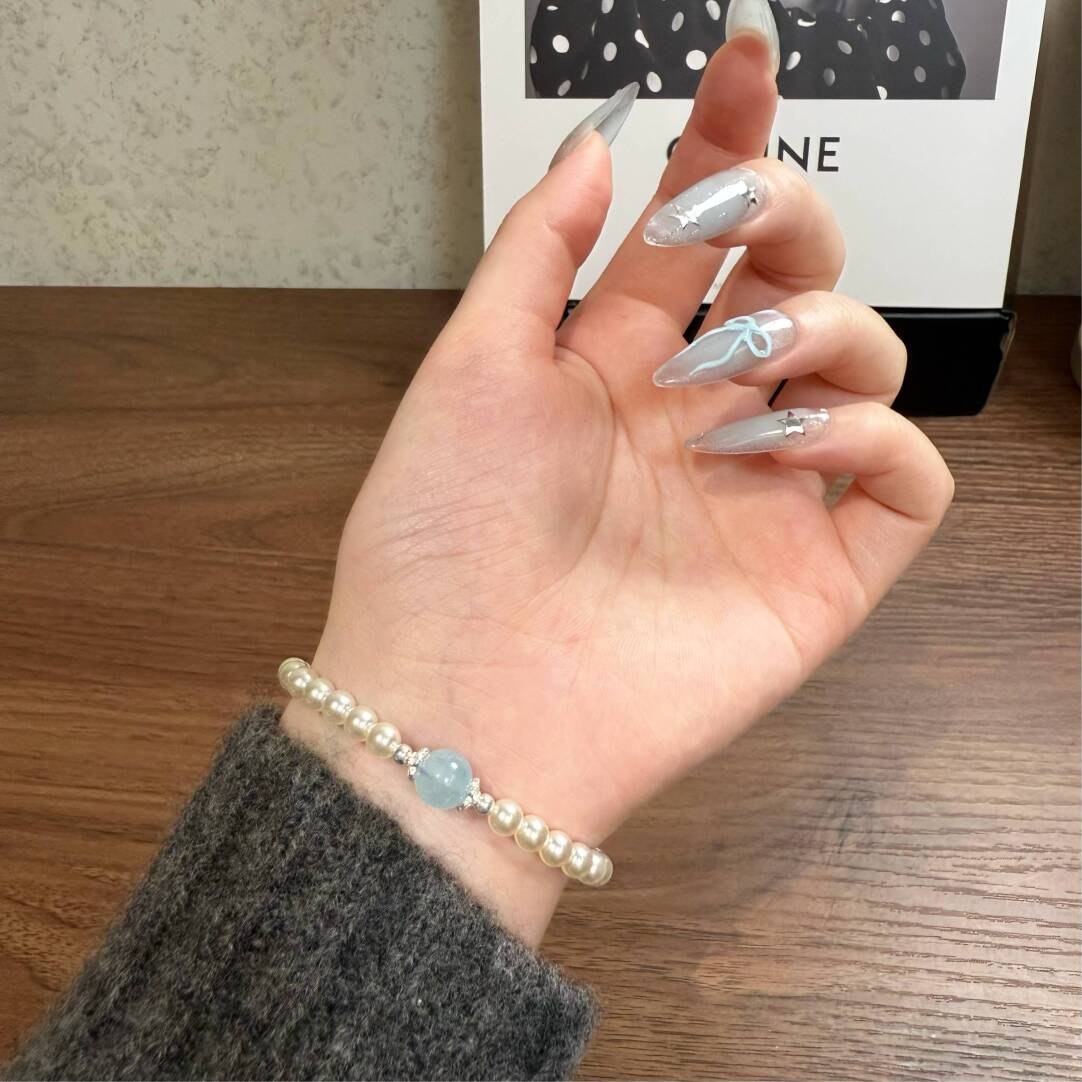 Aquamarine Freshwater Pearl 925 Silver Beaded Bracelet