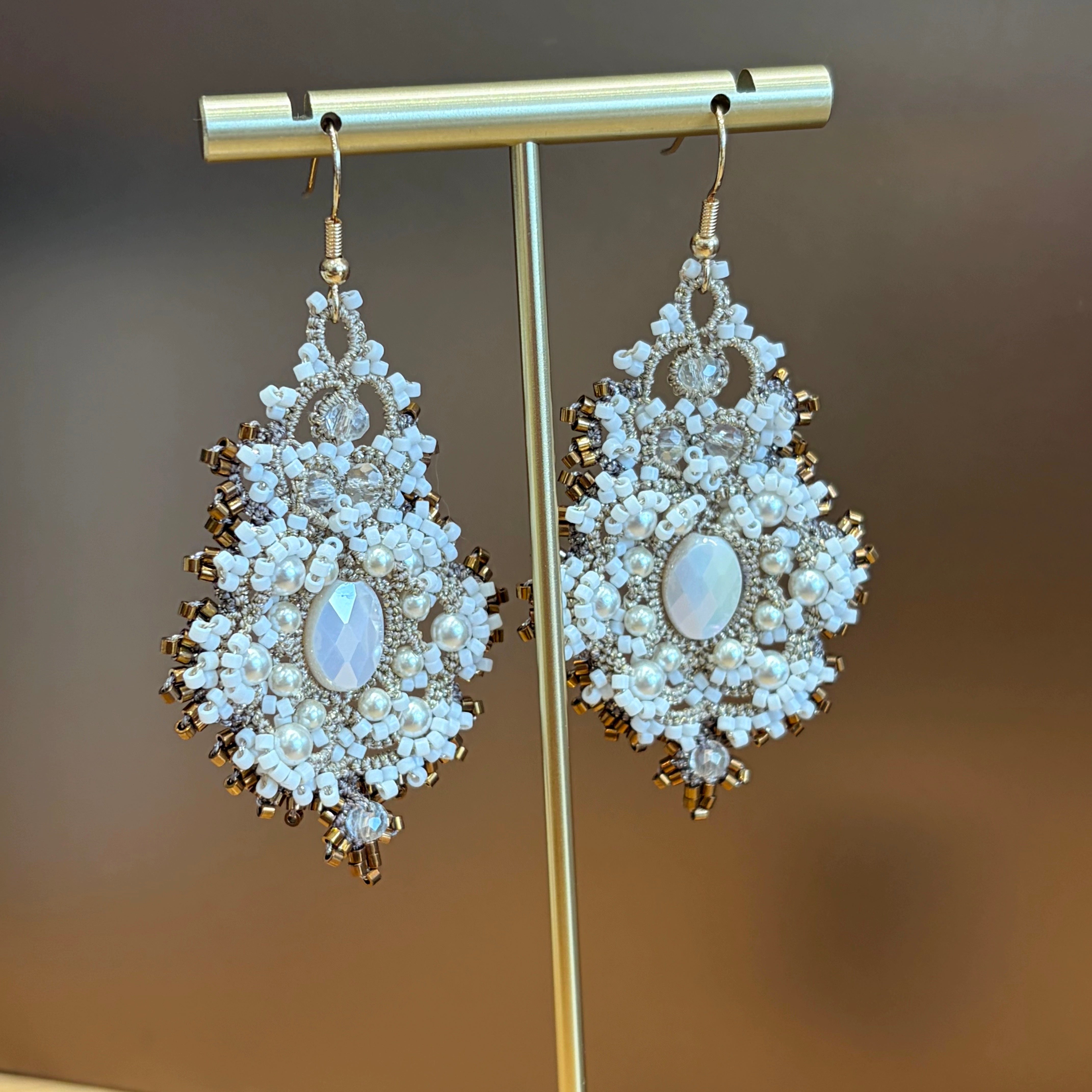 Handwoven Pearl Crystal Beaded Lace Statement Earrings