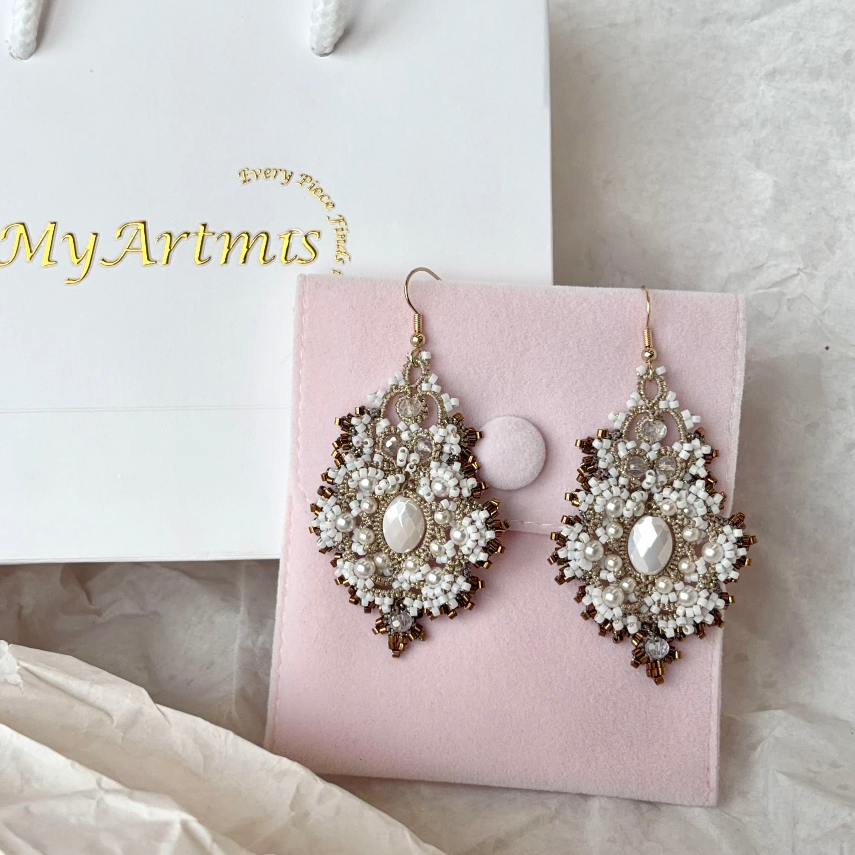 Handwoven Pearl Crystal Beaded Lace Statement Earrings