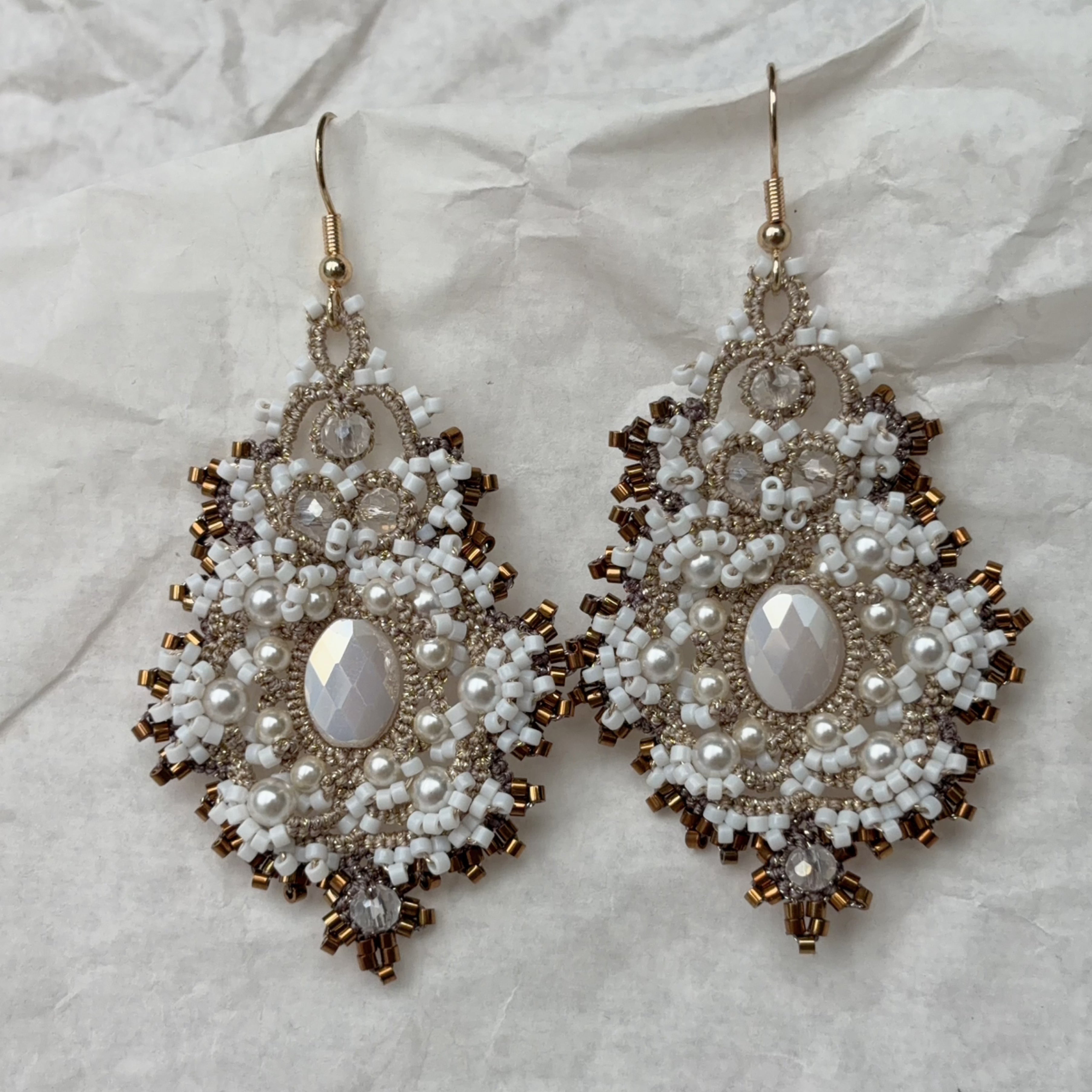 Handwoven Pearl Crystal Beaded Lace Statement Earrings