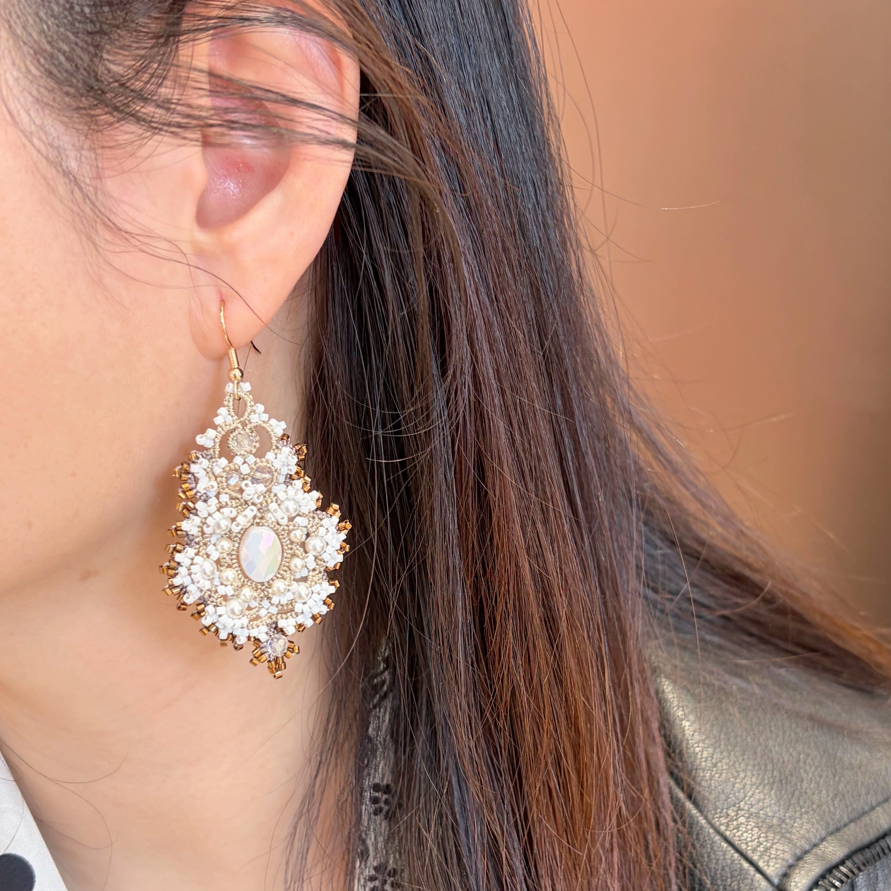 Handwoven Pearl Crystal Beaded Lace Statement Earrings