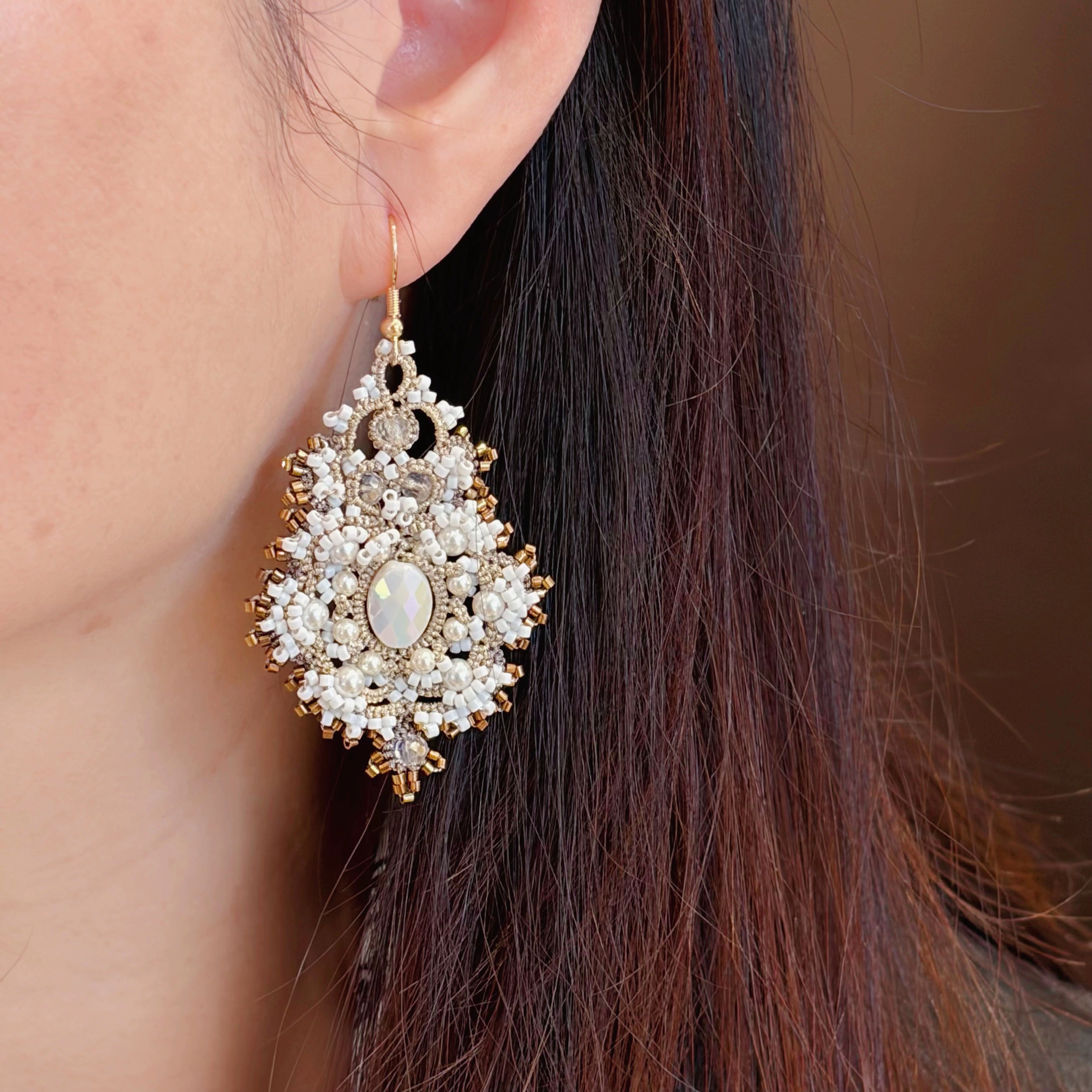 Handwoven Pearl Crystal Beaded Lace Statement Earrings