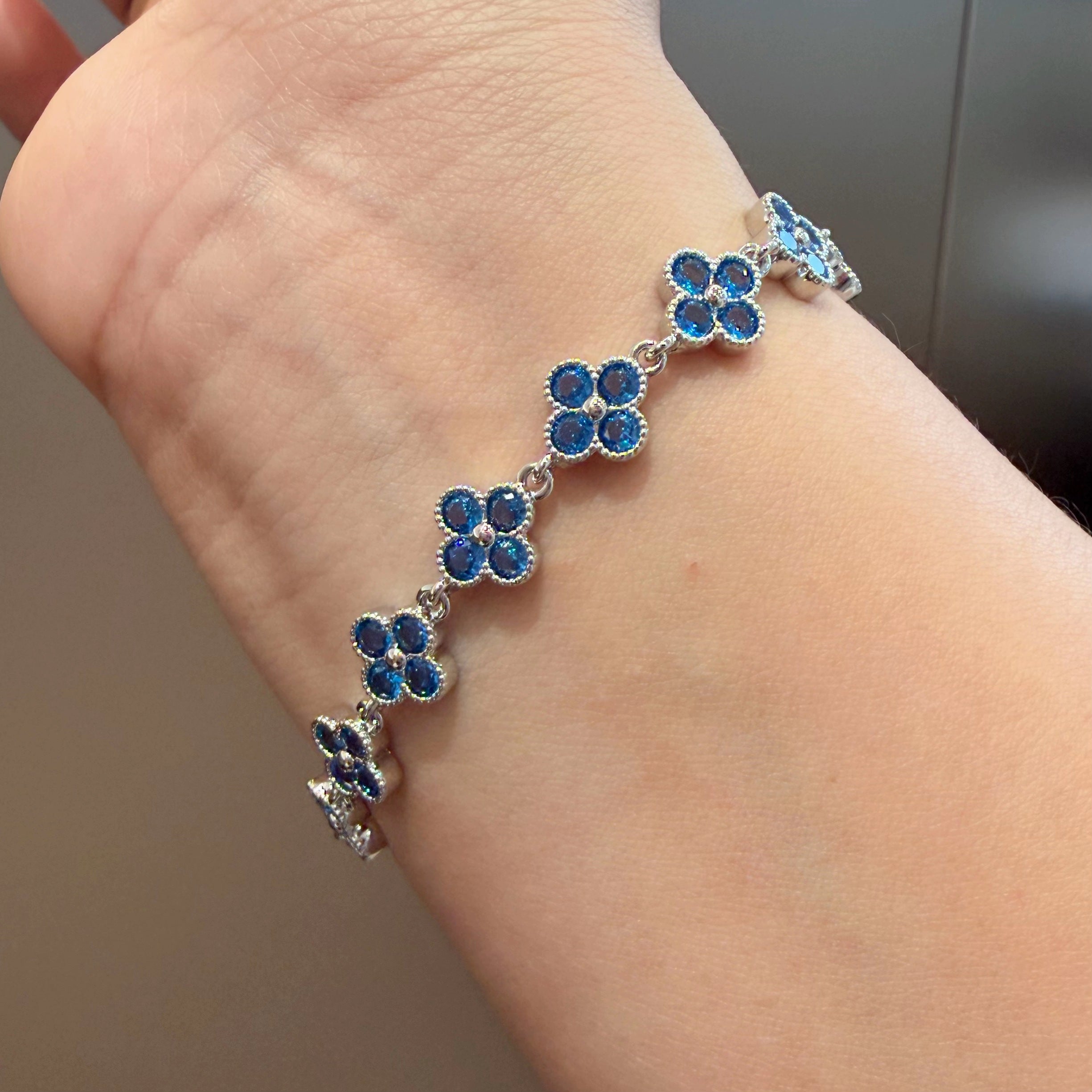 Blue Crystal Four-Leaf Clover Lucky Flower Charm Bracelet