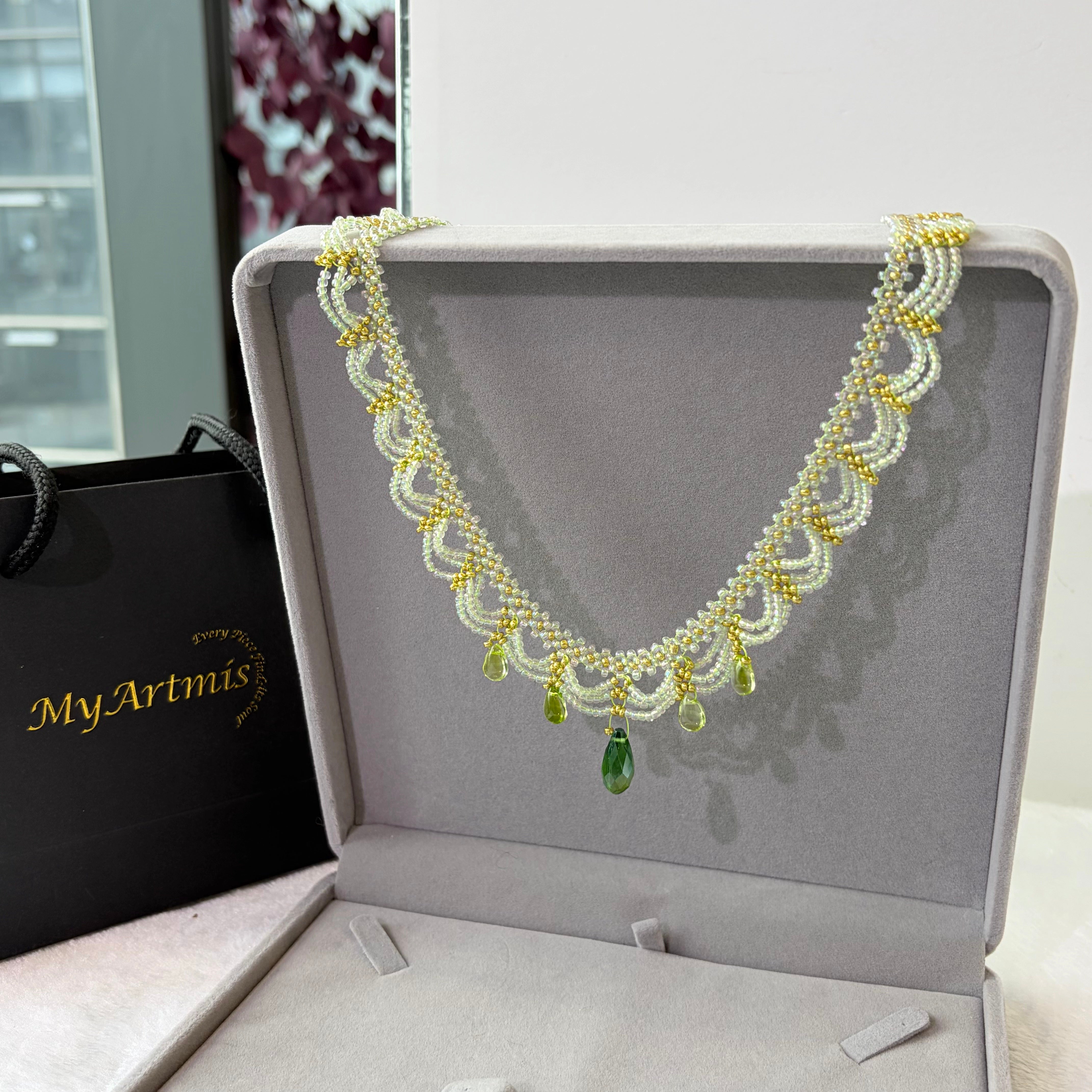 Handwoven Green Lace Beaded Choker Boho Statement Necklace