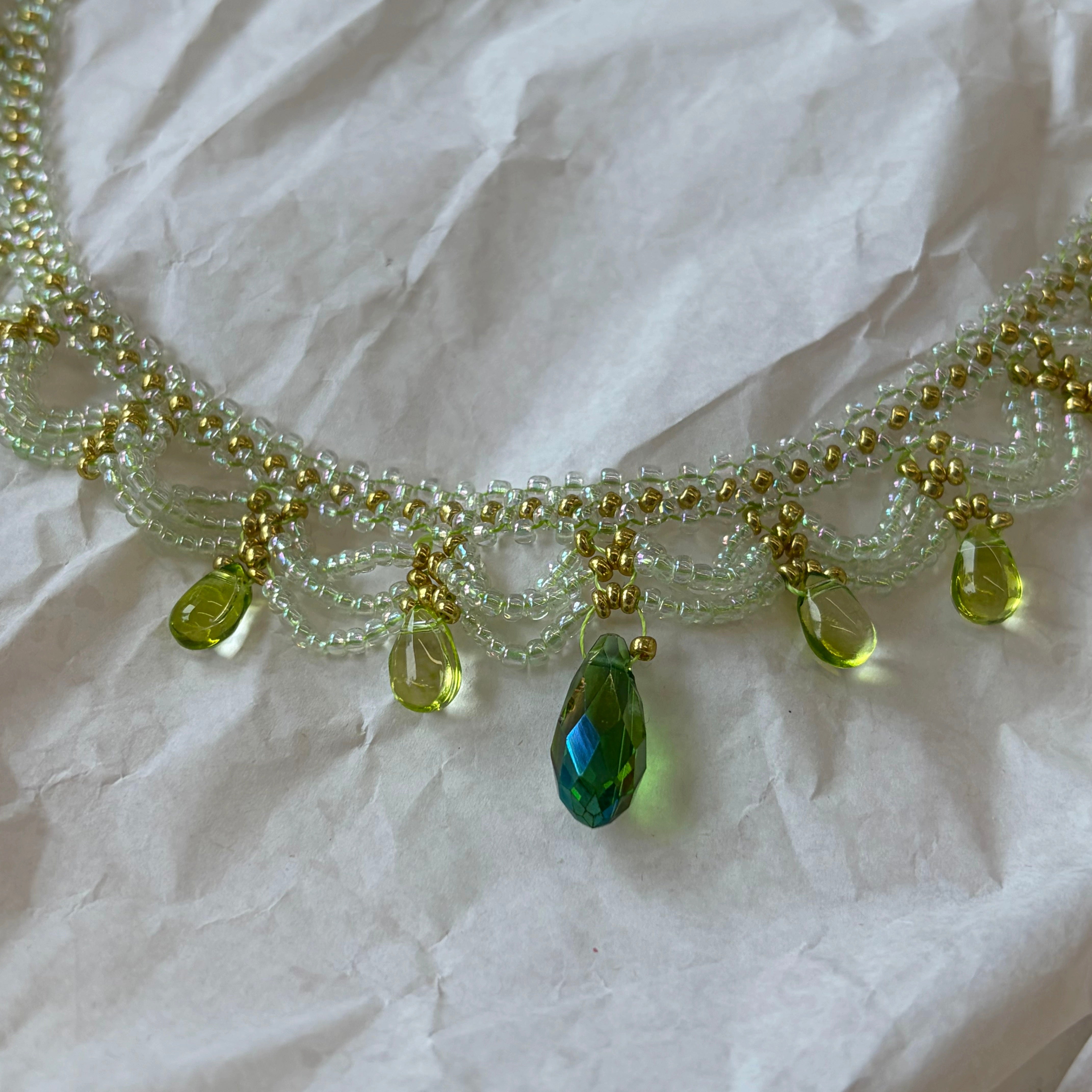 Handwoven Green Lace Beaded Choker Boho Statement Necklace