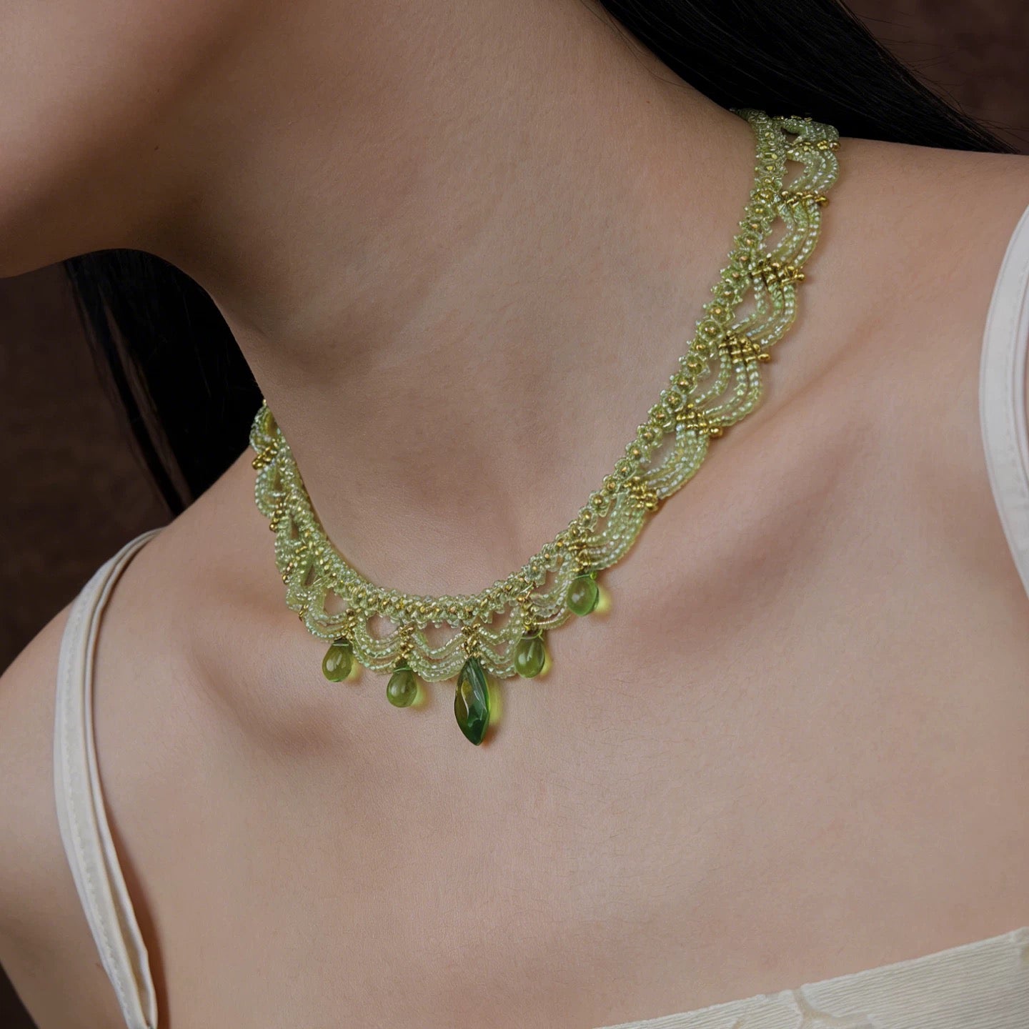 Handwoven Green Lace Beaded Choker Boho Statement Necklace