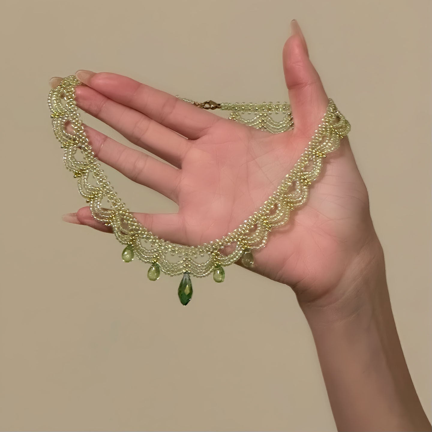 Handwoven Green Lace Beaded Choker Boho Statement Necklace