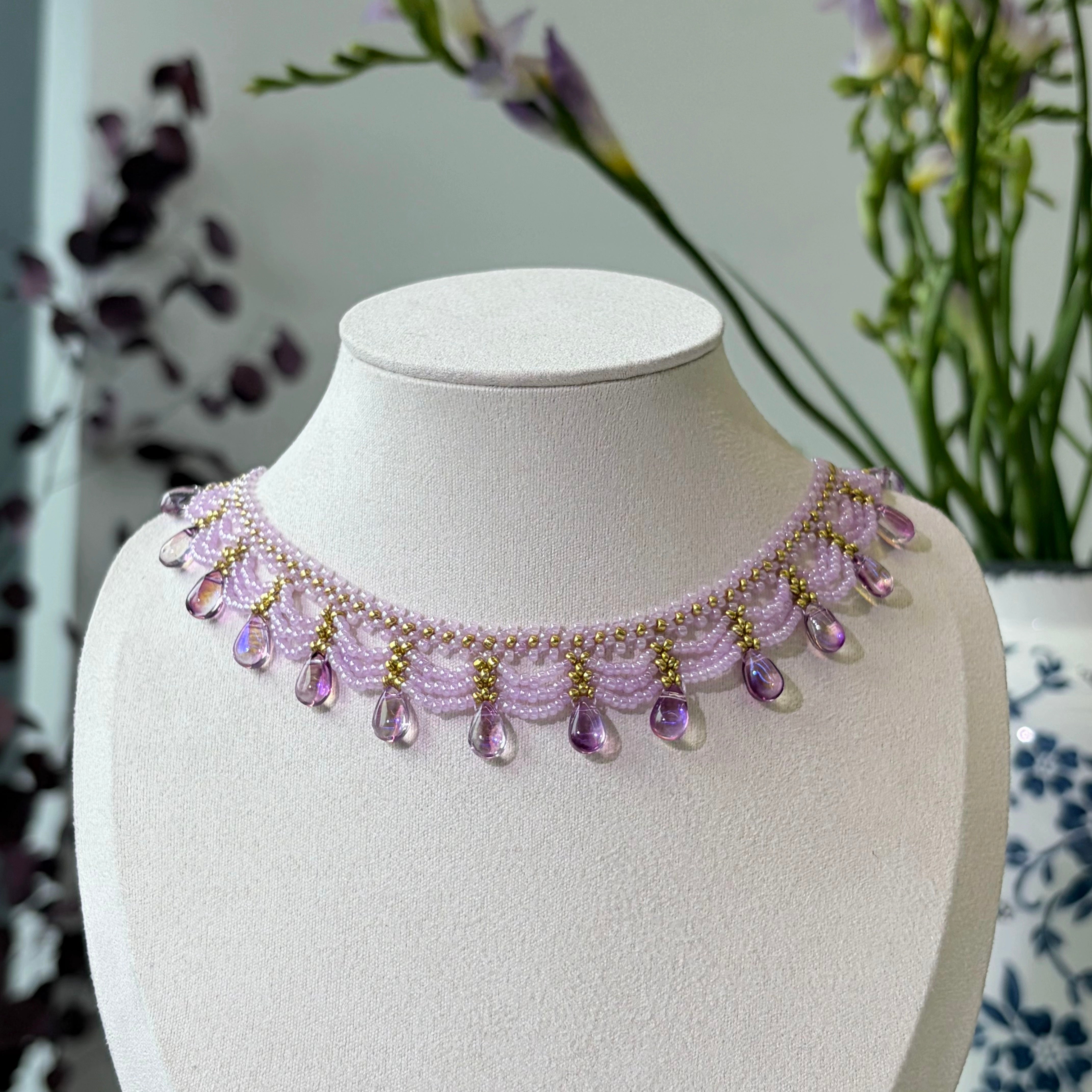 Handwoven Purple Crystal Beaded Lace Vintage Statement Necklace