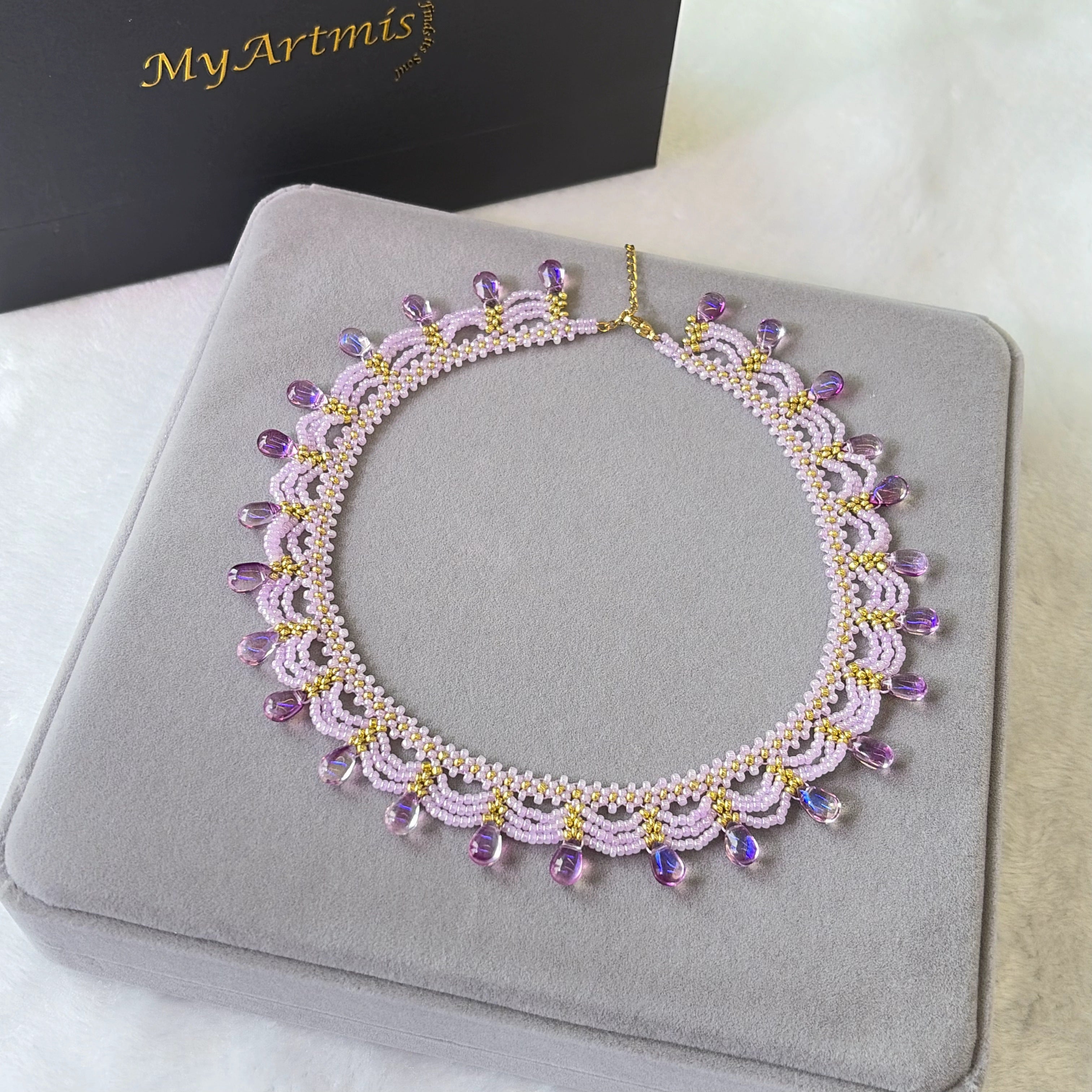 Handwoven Purple Crystal Beaded Lace Vintage Statement Necklace