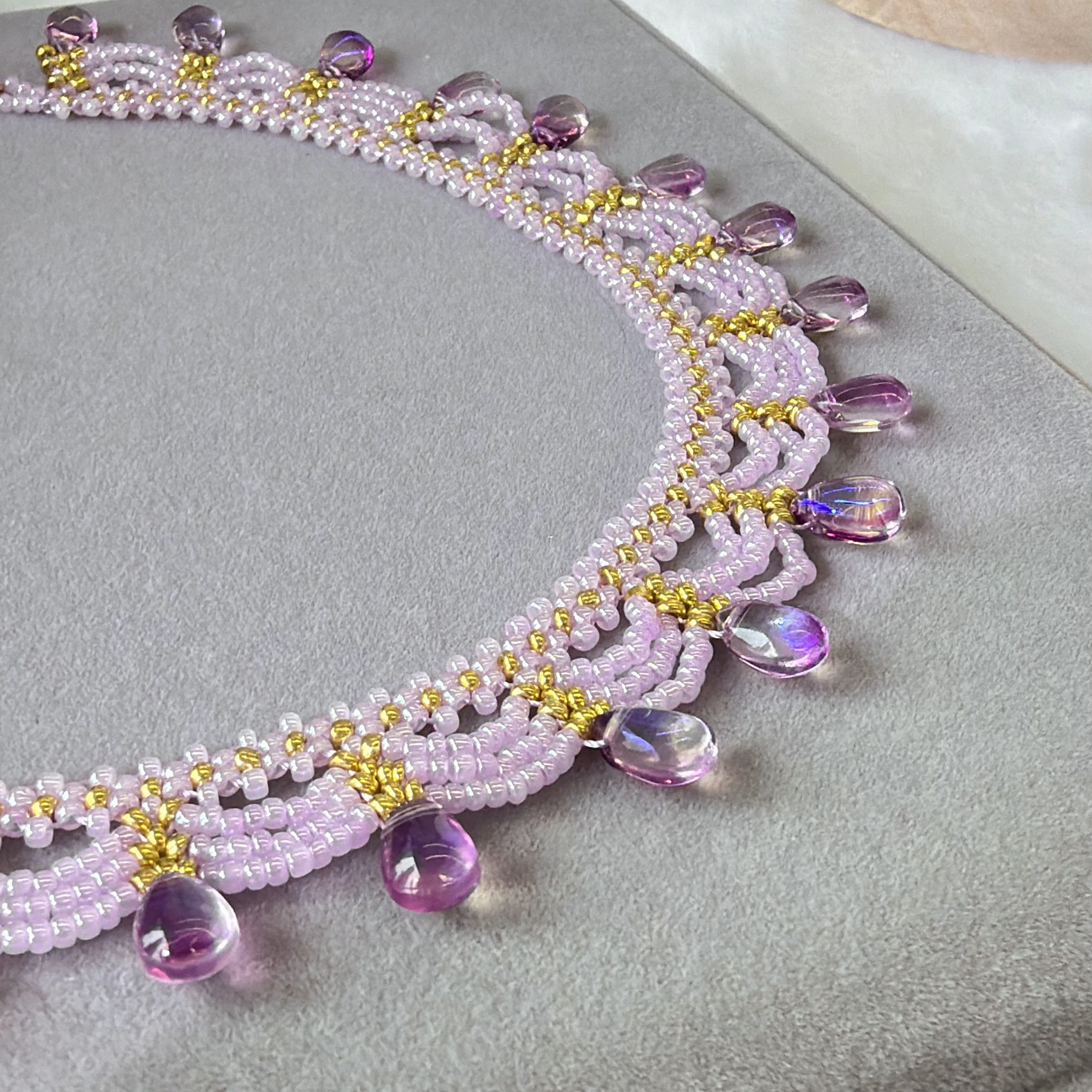 Handwoven Purple Crystal Beaded Lace Vintage Statement Necklace